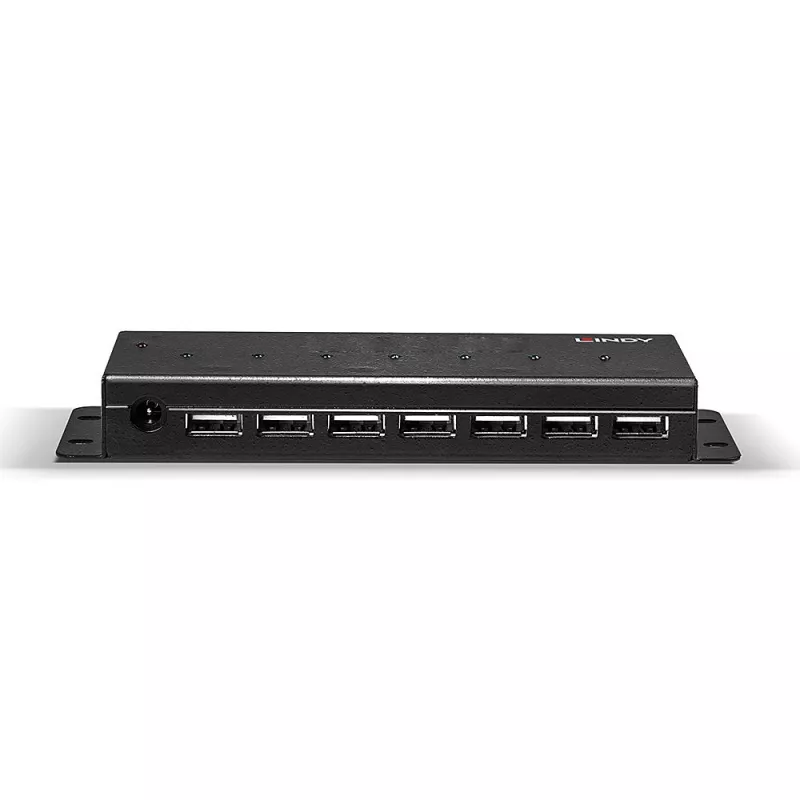 Lindy 42794 hub USB 2.0 industrial de metal de 7 puertos, 480 Mbit/s, orejetas de montaje, fuente de alimentación externa, negro