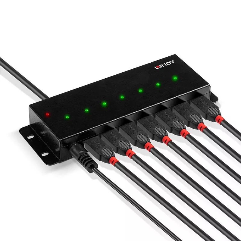 Lindy 42794 hub USB 2.0 industrial de metal de 7 puertos, 480 Mbit/s, orejetas de montaje, fuente de alimentación externa, negro