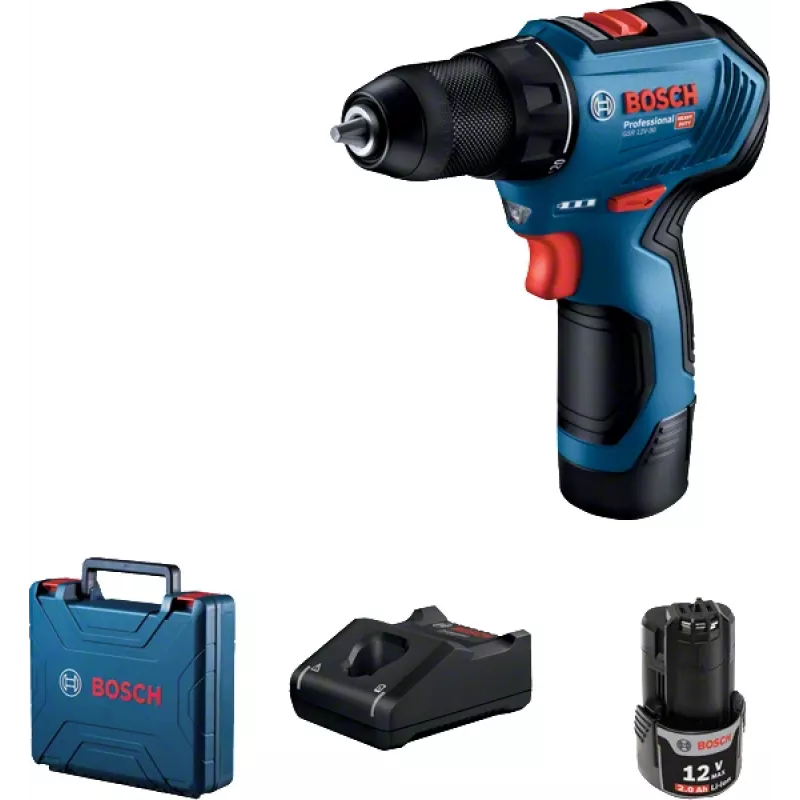 Bosch GSR 12V-30 atornillador a batería, 2x 2,0 Ah, 30/17 Nm, sin escobillas, maletín