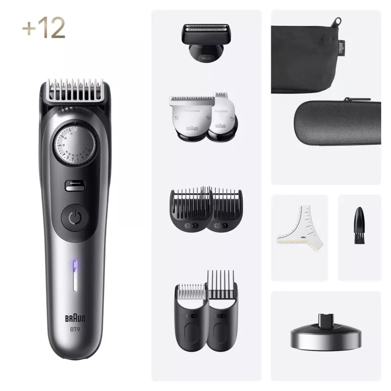 Braun BeardTrimmer 9 BT9560 Recortadora de barba Batería 52 2 cm Húmedo y seco Negro, Plata