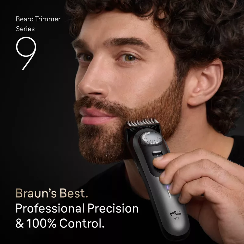 Braun BeardTrimmer 9 BT9560 Recortadora de barba Batería 52 2 cm Húmedo y seco Negro, Plata