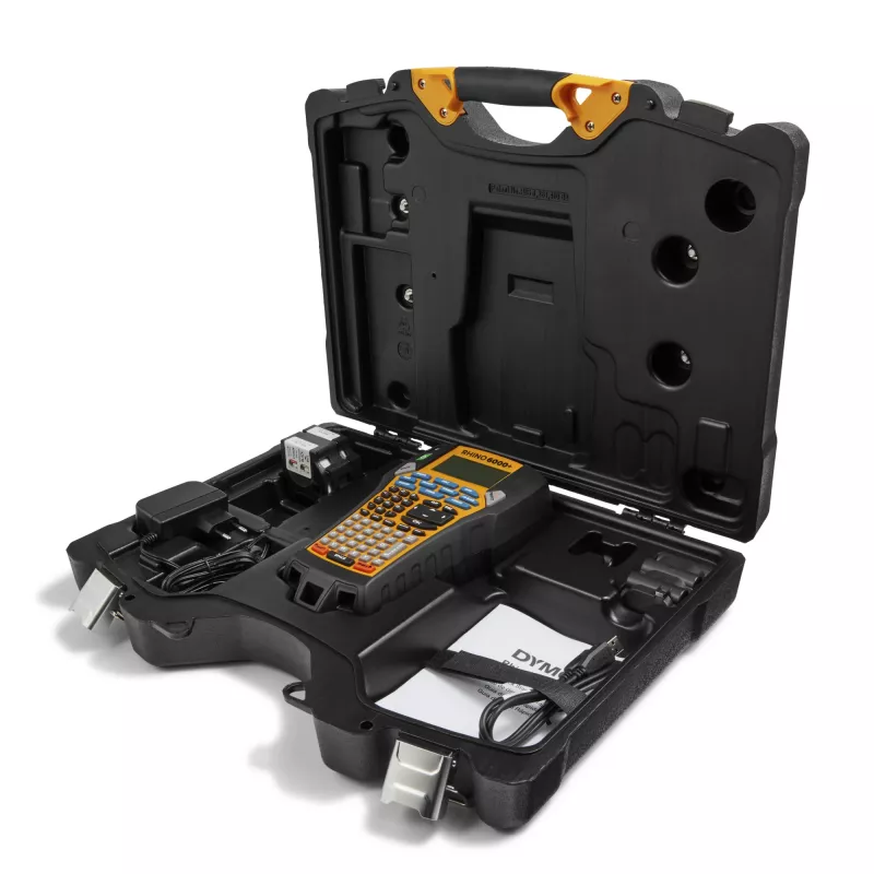 DYMO Rhino 6000+ Impresora de etiquetas industrial | Impresora de etiquetas conectada a ordenador con maletín rígido | Incluye 1 casete de cinta de vinilo, 1 casete de cinta de nailon flexible y batería de litio-ion recargable