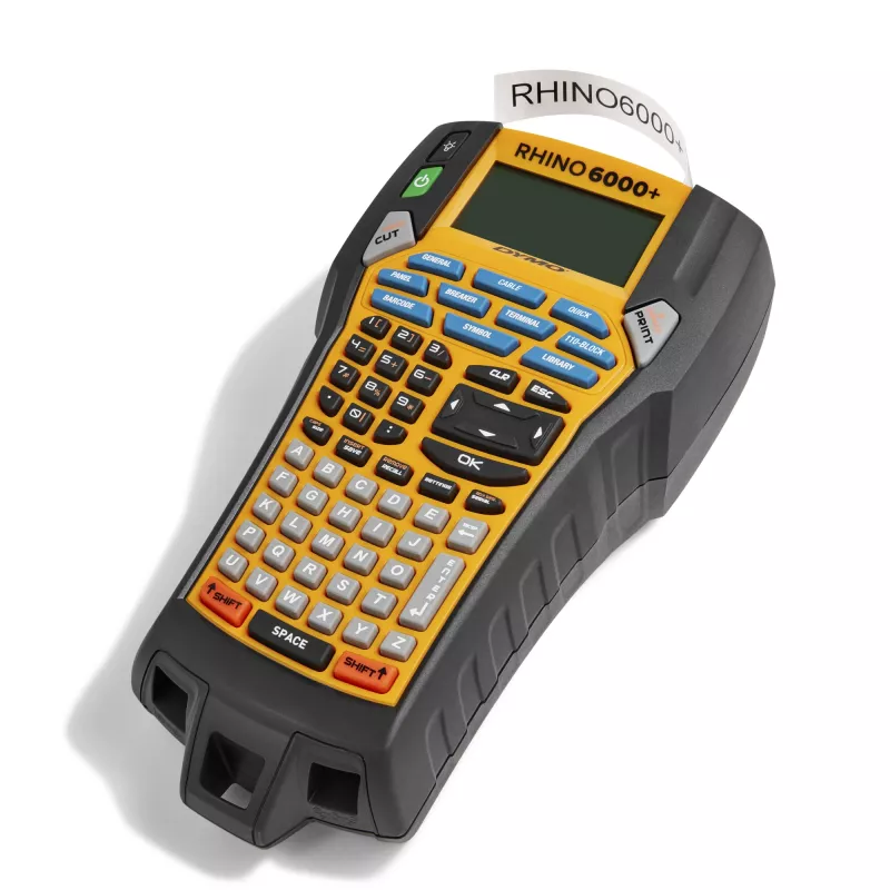 DYMO Rhino 6000+ Impresora de etiquetas industrial | Impresora de etiquetas conectada a ordenador con maletín rígido | Incluye 1 casete de cinta de vinilo, 1 casete de cinta de nailon flexible y batería de litio-ion recargable