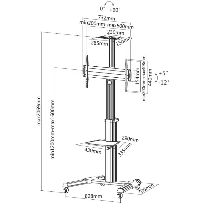 Equip 650602 carro para pantalla LFD de 37-70 pulgadas (94-177,8 cm), giro de 90°, VESA máx. 600 x 400 mm, 50 kg, aluminio, negro, blanco