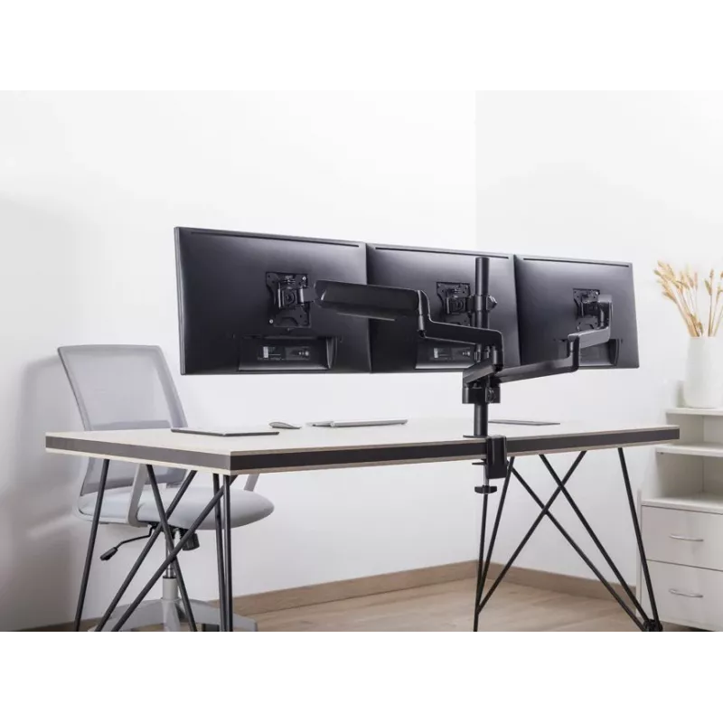 Soporte de sobremesa Equip para triple monitor de 17 inch-27 inch, pinza, 21 kg, 75 x 75 mm, 100 x 100 mm, altura ajustable, Negro