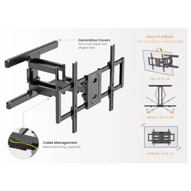 Soporte de pared para TV full-motion Equip 43 inch-100 inch, 200 x 200 mm, 800 x 400 mm, -10 - 5°, -60 - 60°, plástico, acero inoxidable, negro
