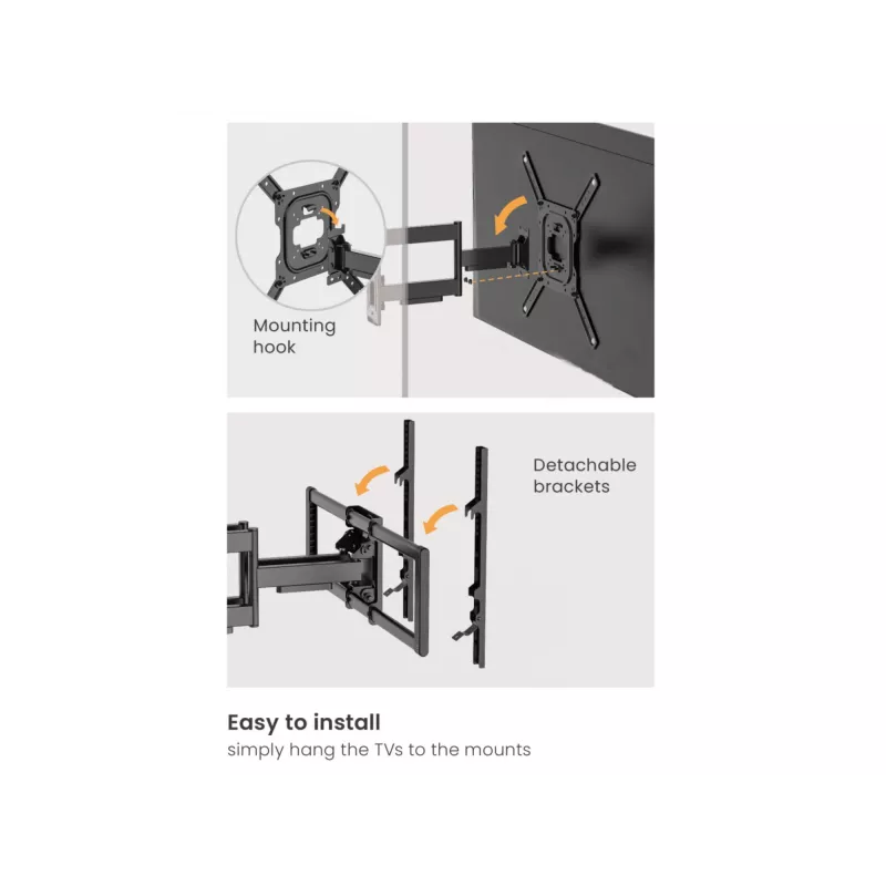 Soporte de pared para TV full-motion Equip 43 inch-100 inch, 200 x 200 mm, 800 x 400 mm, -10 - 5°, -60 - 60°, plástico, acero inoxidable, negro