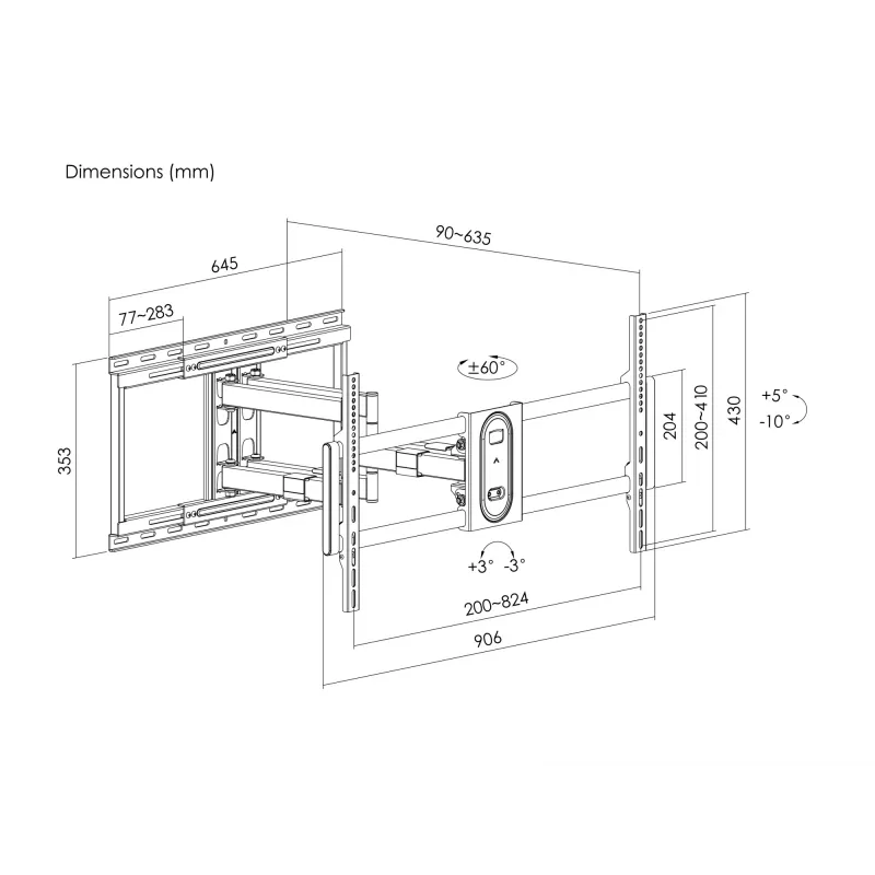 Soporte de pared para TV full-motion Equip 43 inch-100 inch, 200 x 200 mm, 800 x 400 mm, -10 - 5°, -60 - 60°, plástico, acero inoxidable, negro
