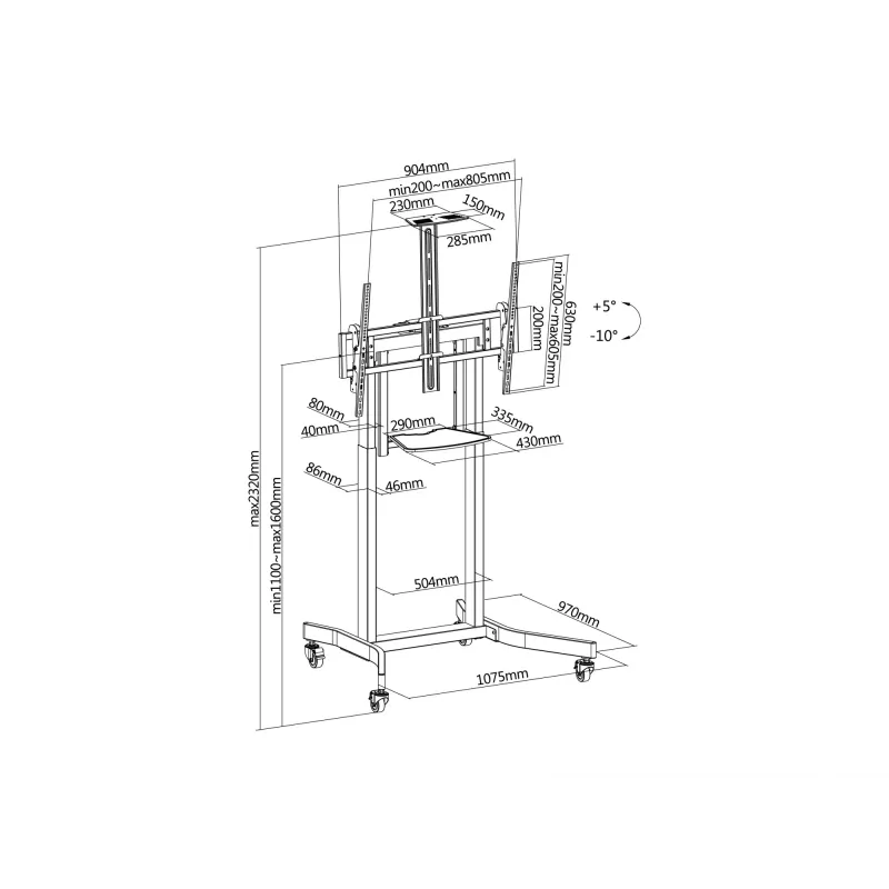 Carro móvil motorizado para pantallas LFD Equip 55 inch-100 inch, 2,54 m (100 inch), 200 x 200 mm, 800 x 600 mm, -10 - 5°, aluminio, plástico, acero inoxidable, negro