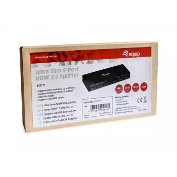 Equip Divisor HDMI 2.0 4 puertos Ultra delgado, HDMI, 4x HDMI, 3840 x 2160 píxeles, Negro, Aluminio, 4K Ultra HD