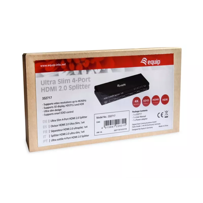 Equip Divisor HDMI 2.0 4 puertos Ultra delgado, HDMI, 4x HDMI, 3840 x 2160 píxeles, Negro, Aluminio, 4K Ultra HD