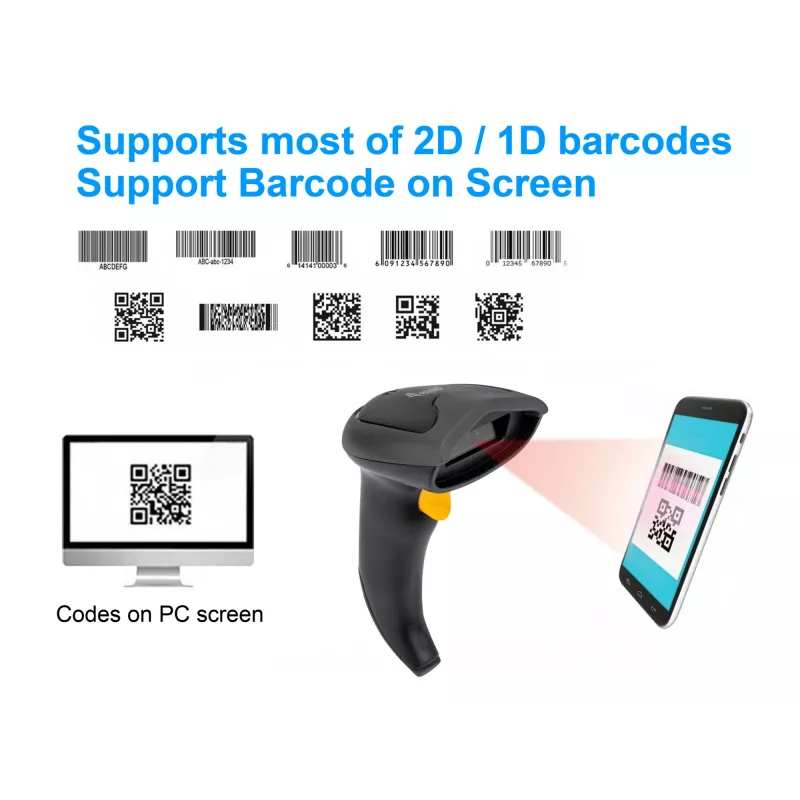 Equip lector de códigos de barras 2D inalámbrico dual-mode 2,4GHz + Bluetooth, con soporte