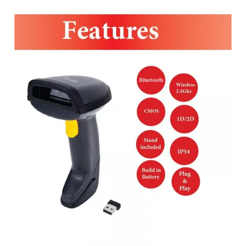Equip lector de códigos de barras 2D inalámbrico dual-mode 2,4GHz + Bluetooth, con soporte