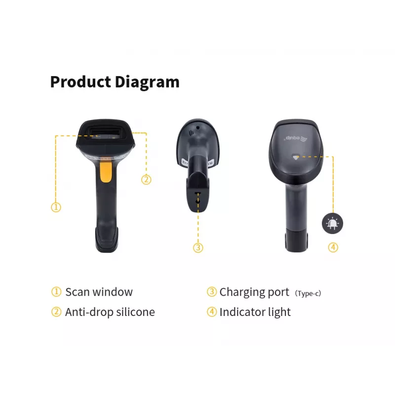 Equip lector de códigos de barras 2D inalámbrico dual-mode 2,4GHz + Bluetooth, con soporte