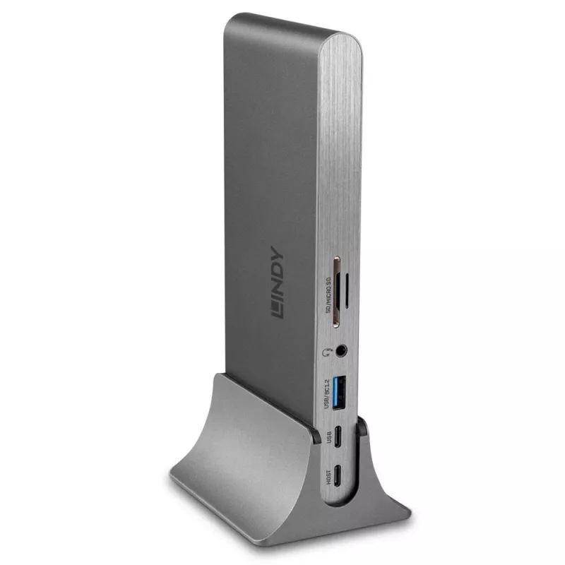Lindy DST-Pro 5K XT, base de acoplamiento para portátil USB-C con triple pantalla (4K) o pantalla única (5K) y carga pasante de 100 W