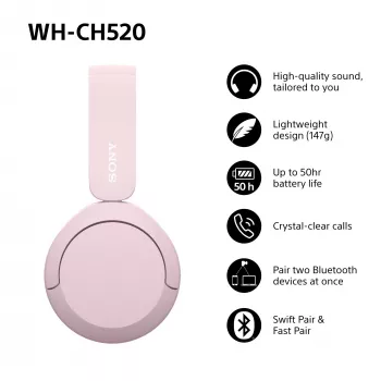 Sony WHCH520P.CE7, inalámbrico, 20 - 20000 Hz, llamadas/música, 147 g, auriculares, rosa