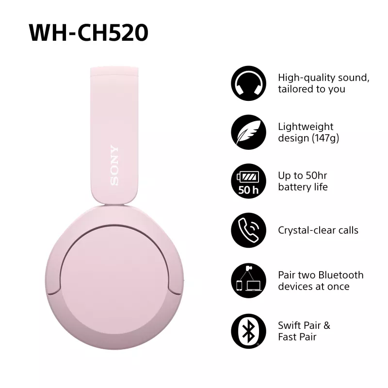 Sony WHCH520P.CE7, inalámbrico, 20 - 20000 Hz, llamadas/música, 147 g, auriculares, rosa