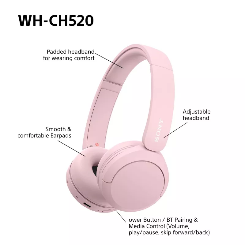 Sony WHCH520P.CE7, inalámbrico, 20 - 20000 Hz, llamadas/música, 147 g, auriculares, rosa