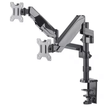 Manhattan soporte de escritorio doble para TV y monitores (resorte de gas con movimiento completo), para pantallas de 10 pulgadas a 27 pulgadas, montaje por abrazadera o pasamuros, compatibilidad VESA: 75x75 y 100x100 mm - comprueba las dimensiones de los cuatro orificios de montaje en la parte posterior de la pantalla para asegurarte de que encaja, máx. 8 kg (cada uno)
