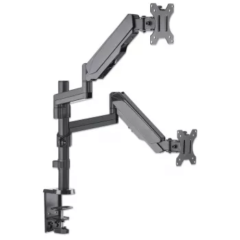 Manhattan soporte de escritorio doble para TV y monitores (resorte de gas con movimiento completo), para pantallas de 10 pulgadas a 27 pulgadas, montaje por abrazadera o pasamuros, compatibilidad VESA: 75x75 y 100x100 mm - comprueba las dimensiones de los cuatro orificios de montaje en la parte posterior de la pantalla para asegurarte de que encaja, máx. 8 kg (cada uno)