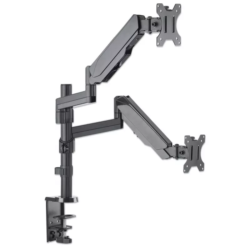 Manhattan soporte de escritorio doble para TV y monitores (resorte de gas con movimiento completo), para pantallas de 10 pulgadas a 27 pulgadas, montaje por abrazadera o pasamuros, compatibilidad VESA: 75x75 y 100x100 mm - comprueba las dimensiones de los cuatro orificios de montaje en la parte posterior de la pantalla para asegurarte de que encaja, máx. 8 kg (cada uno)