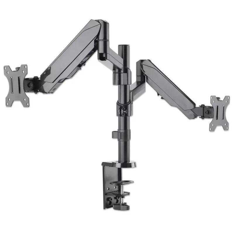 Manhattan soporte de escritorio doble para TV y monitores (resorte de gas con movimiento completo), para pantallas de 10 pulgadas a 27 pulgadas, montaje por abrazadera o pasamuros, compatibilidad VESA: 75x75 y 100x100 mm - comprueba las dimensiones de los cuatro orificios de montaje en la parte posterior de la pantalla para asegurarte de que encaja, máx. 8 kg (cada uno)
