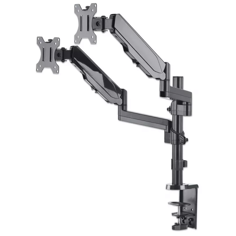 Manhattan soporte de escritorio doble para TV y monitores (resorte de gas con movimiento completo), para pantallas de 10 pulgadas a 27 pulgadas, montaje por abrazadera o pasamuros, compatibilidad VESA: 75x75 y 100x100 mm - comprueba las dimensiones de los cuatro orificios de montaje en la parte posterior de la pantalla para asegurarte de que encaja, máx. 8 kg (cada uno)