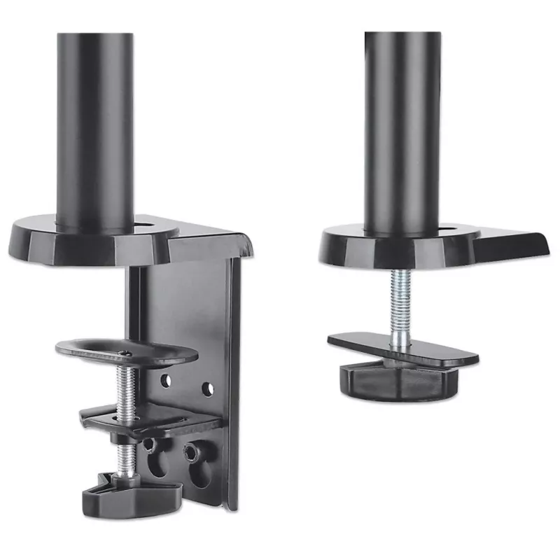 Manhattan soporte de escritorio doble para TV y monitores (resorte de gas con movimiento completo), para pantallas de 10 pulgadas a 27 pulgadas, montaje por abrazadera o pasamuros, compatibilidad VESA: 75x75 y 100x100 mm - comprueba las dimensiones de los cuatro orificios de montaje en la parte posterior de la pantalla para asegurarte de que encaja, máx. 8 kg (cada uno)