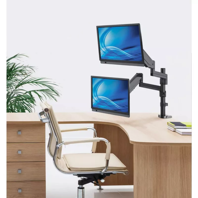 Manhattan soporte de escritorio doble para TV y monitores (resorte de gas con movimiento completo), para pantallas de 10 pulgadas a 27 pulgadas, montaje por abrazadera o pasamuros, compatibilidad VESA: 75x75 y 100x100 mm - comprueba las dimensiones de los cuatro orificios de montaje en la parte posterior de la pantalla para asegurarte de que encaja, máx. 8 kg (cada uno)