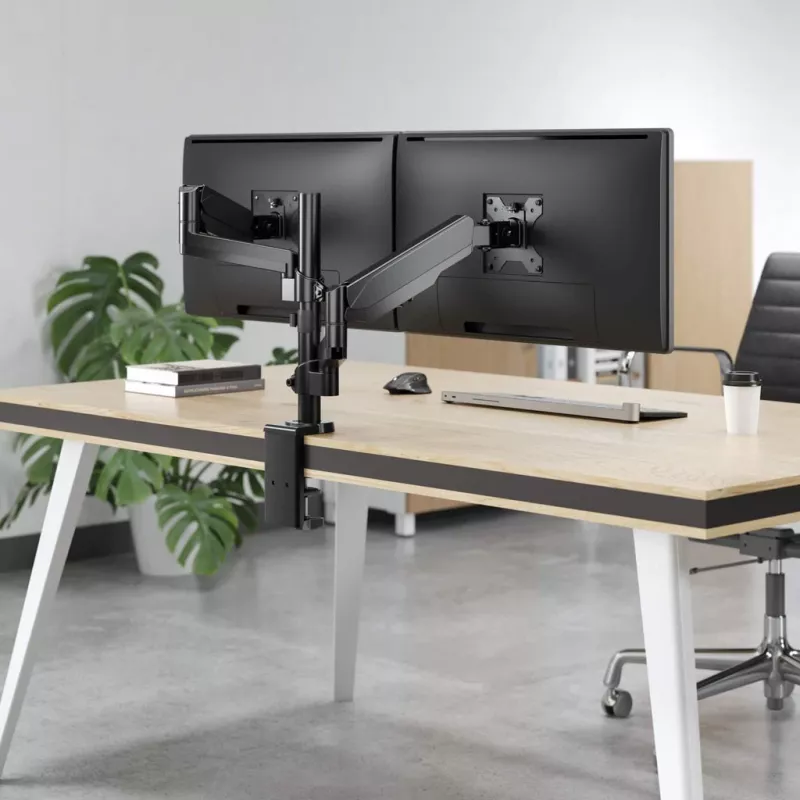 Manhattan soporte de escritorio doble para TV y monitores (resorte de gas con movimiento completo), para pantallas de 10 pulgadas a 27 pulgadas, montaje por abrazadera o pasamuros, compatibilidad VESA: 75x75 y 100x100 mm - comprueba las dimensiones de los cuatro orificios de montaje en la parte posterior de la pantalla para asegurarte de que encaja, máx. 8 kg (cada uno)