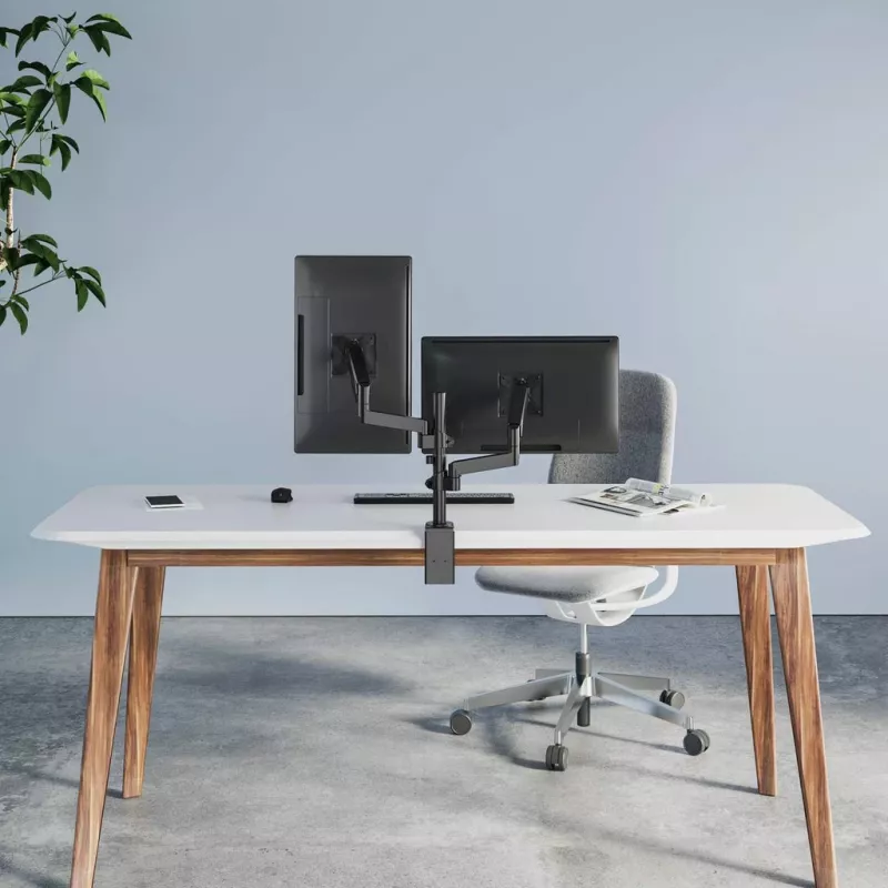 Manhattan soporte de escritorio doble para TV y monitores (resorte de gas con movimiento completo), para pantallas de 10 pulgadas a 27 pulgadas, montaje por abrazadera o pasamuros, compatibilidad VESA: 75x75 y 100x100 mm - comprueba las dimensiones de los cuatro orificios de montaje en la parte posterior de la pantalla para asegurarte de que encaja, máx. 8 kg (cada uno)