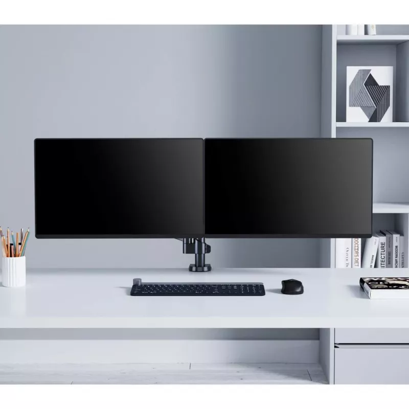 Manhattan soporte de escritorio doble para TV y monitores (resorte de gas con movimiento completo), para pantallas de 10 pulgadas a 27 pulgadas, montaje por abrazadera o pasamuros, compatibilidad VESA: 75x75 y 100x100 mm - comprueba las dimensiones de los cuatro orificios de montaje en la parte posterior de la pantalla para asegurarte de que encaja, máx. 8 kg (cada uno)