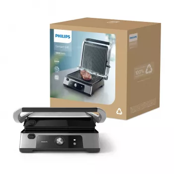 Philips serie 5000 parrilla de contacto, aluminio, rectangular, giratoria, 200 °C, tapa abatible, tapa de cierre, 180°