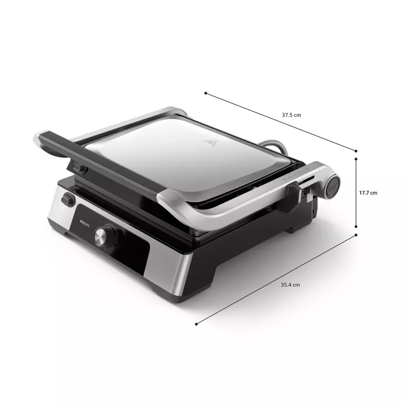 Philips serie 5000 parrilla de contacto, aluminio, rectangular, giratoria, 200 °C, tapa abatible, tapa de cierre, 180°