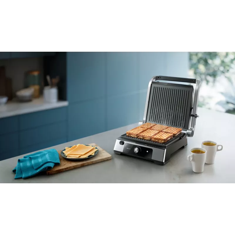 Philips serie 5000 parrilla de contacto, aluminio, rectangular, giratoria, 200 °C, tapa abatible, tapa de cierre, 180°