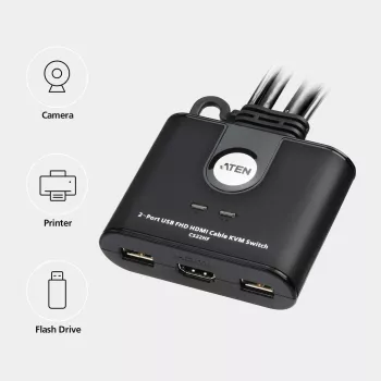 ATEN conmutador KVM de cables USB FHD HDMI de 2 puertos, 1920 x 1200 píxeles, Full HD, 1,518 W, negro