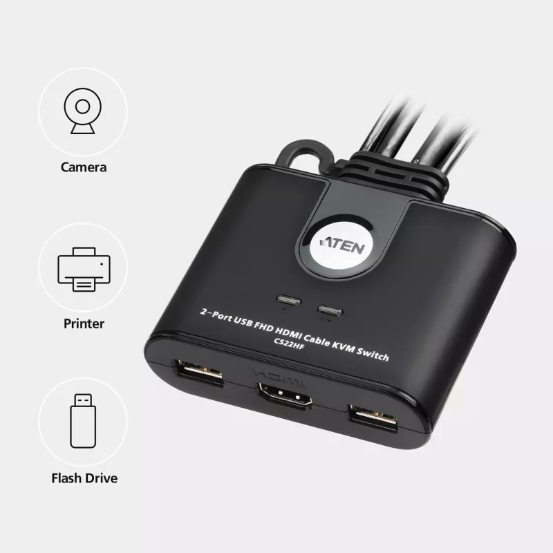 ATEN conmutador KVM de cables USB FHD HDMI de 2 puertos, 1920 x 1200 píxeles, Full HD, 1,518 W, negro