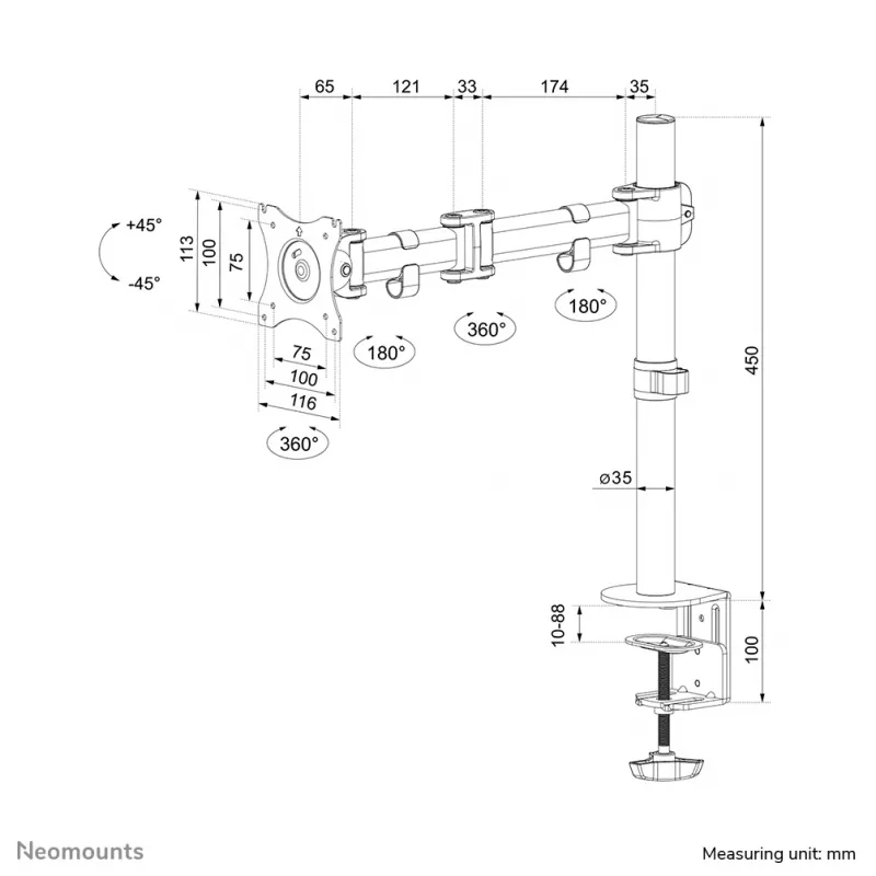 Neomounts NM-D135WHITE soporte de monitor 10-30 pulgadas, pinza/pasacables de mesa, 8 kg, 25,4 cm (10 pulgadas), 76,2 cm (30 pulgadas), 100 x 100 mm, blanco