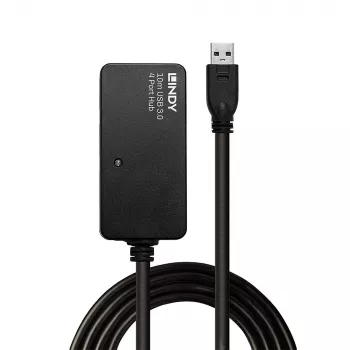 Lindy 10m USB 3.0 Active Extension Pro Hub, USB 3.2 Gen 1 (3.1 Gen 1) Type-A, USB 3.2 Gen 1 (3.1 Gen 1) Type-A, 5000 Mbit/s, negro, plástico, cable redondo