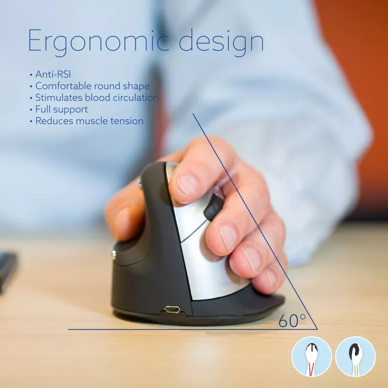 R-Go Tools Ratón ergonómico R-Go HE Break con software de pausas, grande (tamaño de mano ≥ 185 mm), para zurdos, Bluetooth, negro