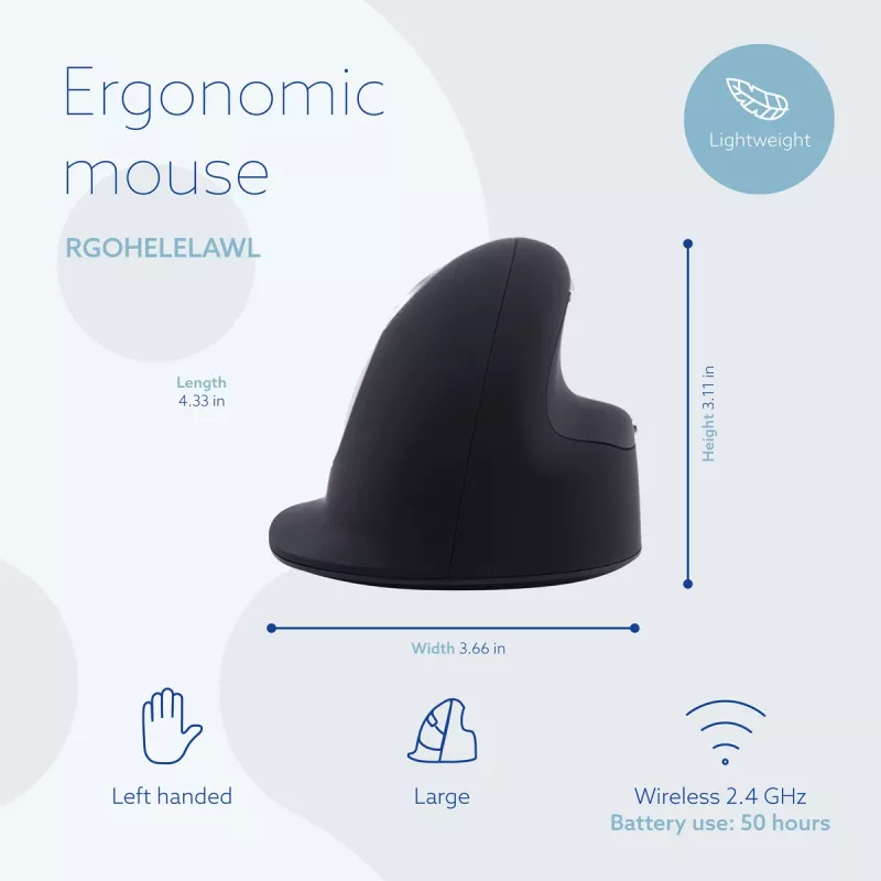 R-Go Tools Ratón ergonómico R-Go HE Break con software de pausas, grande (tamaño de mano ≥ 185 mm), para zurdos, Bluetooth, negro