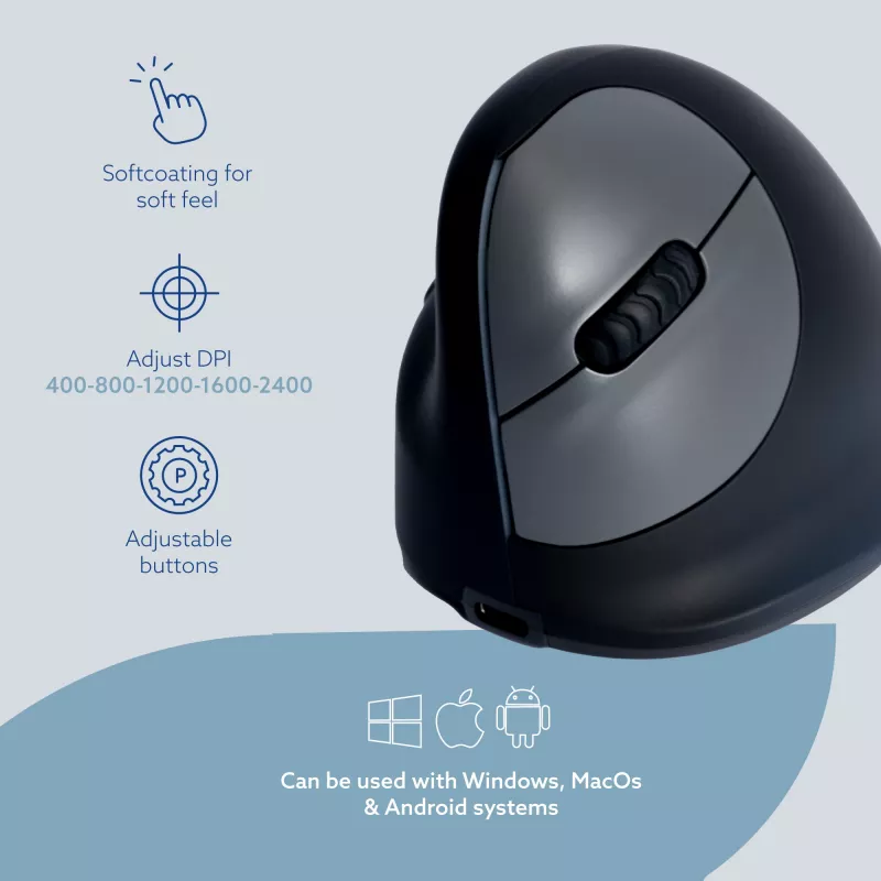 R-Go Tools Ratón ergonómico R-Go HE Break con software de pausas, grande (tamaño de mano ≥ 185 mm), para zurdos, Bluetooth, negro