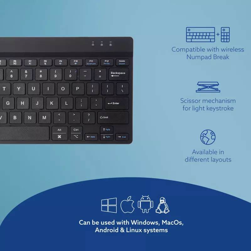 R-Go Tools Teclado ergonómico R-Go Compact Break, teclado compacto con software de pausas, QWERTY (US), Bluetooth, negro