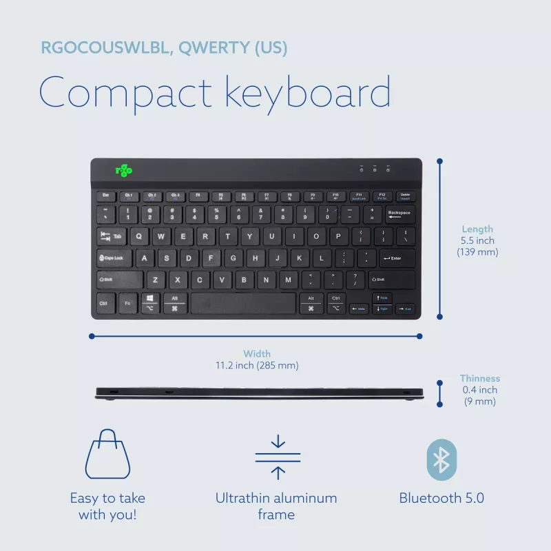 R-Go Tools Teclado ergonómico R-Go Compact Break, teclado compacto con software de pausas, QWERTY (US), Bluetooth, negro