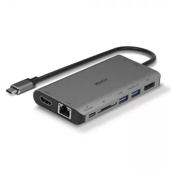 Lindy DST-Mini XT, base de acoplamiento mini para portátil USB-C con pantalla única (4K) o doble pantalla (Full HD) y carga pasante de 100W