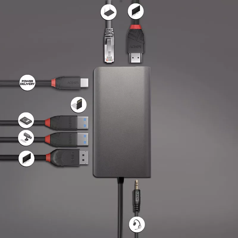 Lindy DST-Mini XT, base de acoplamiento mini para portátil USB-C con pantalla única (4K) o doble pantalla (Full HD) y carga pasante de 100W
