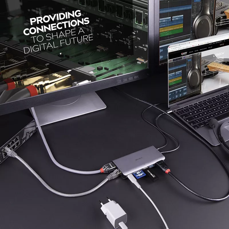 Lindy DST-Mini XT, base de acoplamiento mini para portátil USB-C con pantalla única (4K) o doble pantalla (Full HD) y carga pasante de 100W