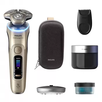 Afeitadora eléctrica Philips i9000 Prestige Ultra XP9403 — sistema rotativo de 3 cabezales, SkinIQ Pro, afeitado en húmedo y en seco, batería, estación de limpieza, dorado