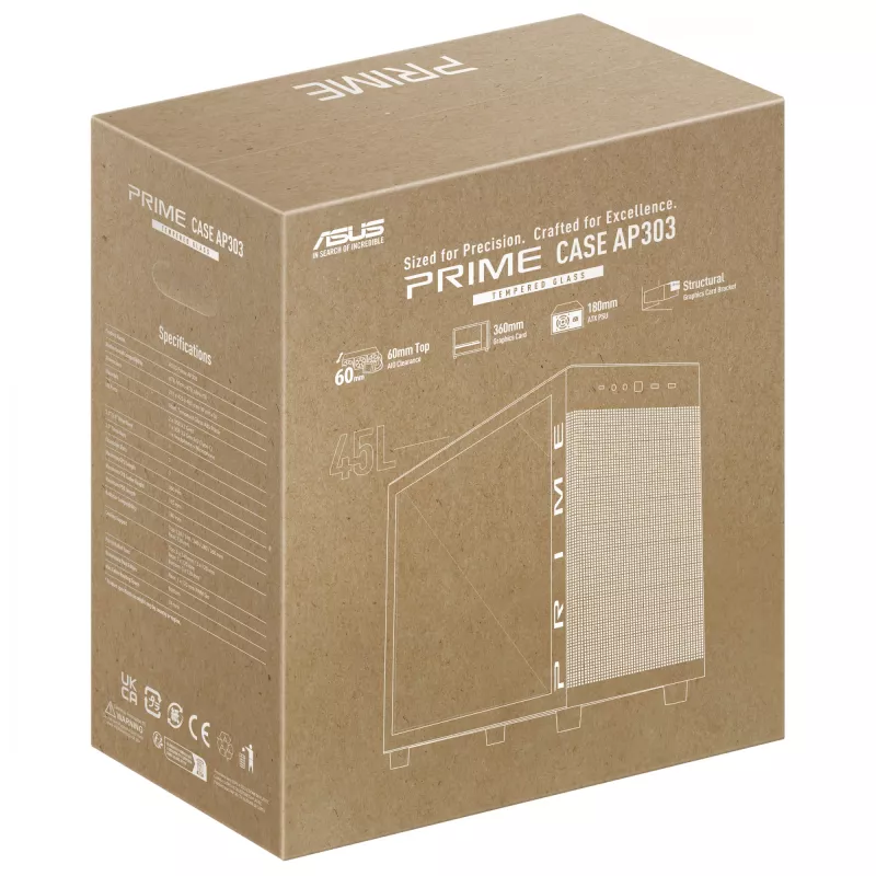 ASUS PRIME AP303 TG 90DC00V0-B39010 caja de PC Midi Tower, ATX/Micro-ATX/Mini-ITX, cristal templado, 2x USB 3.2, sin fuente de alimentación, negra
