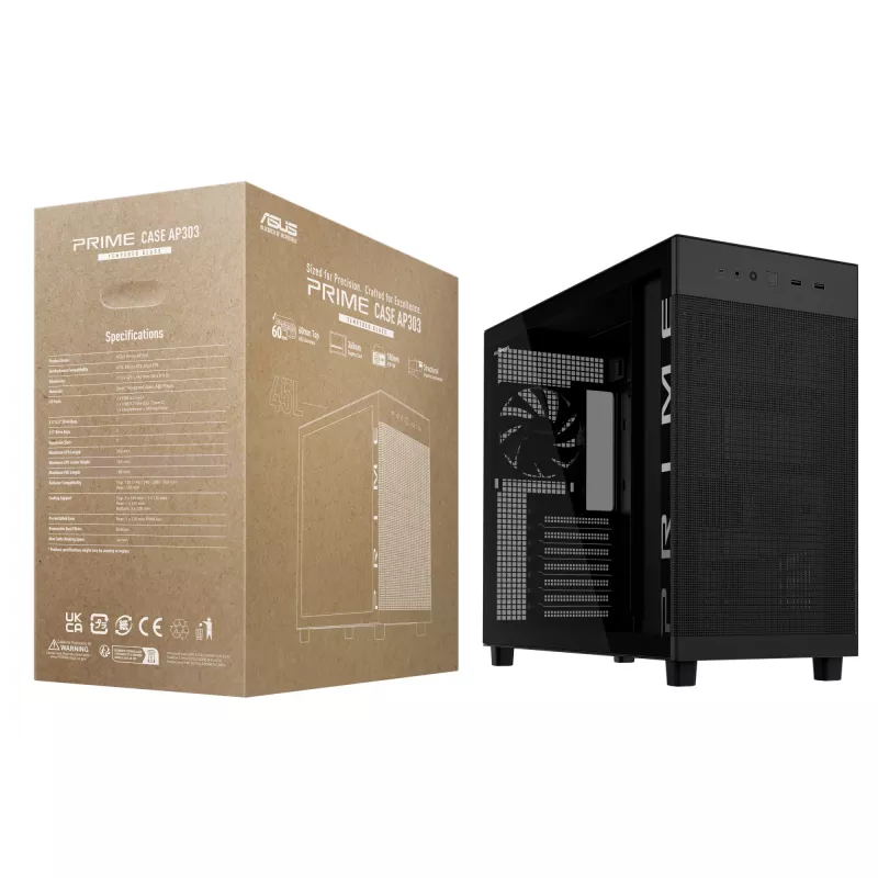 ASUS PRIME AP303 TG 90DC00V0-B39010 caja de PC Midi Tower, ATX/Micro-ATX/Mini-ITX, cristal templado, 2x USB 3.2, sin fuente de alimentación, negra